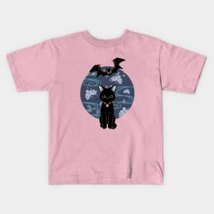 Flyingfox And Black Cat With Cherry Blossom Kids T-Shirt